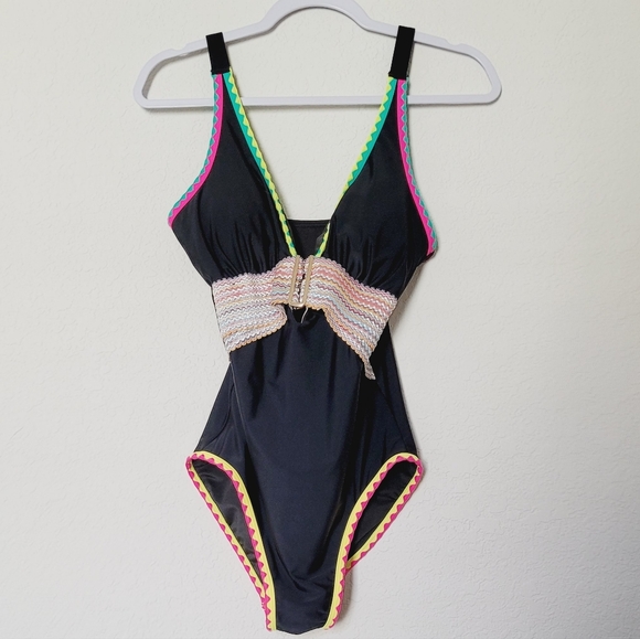 Swim Solutions Black One Piece with Neon Trim Sz M - Picture 3 of 11